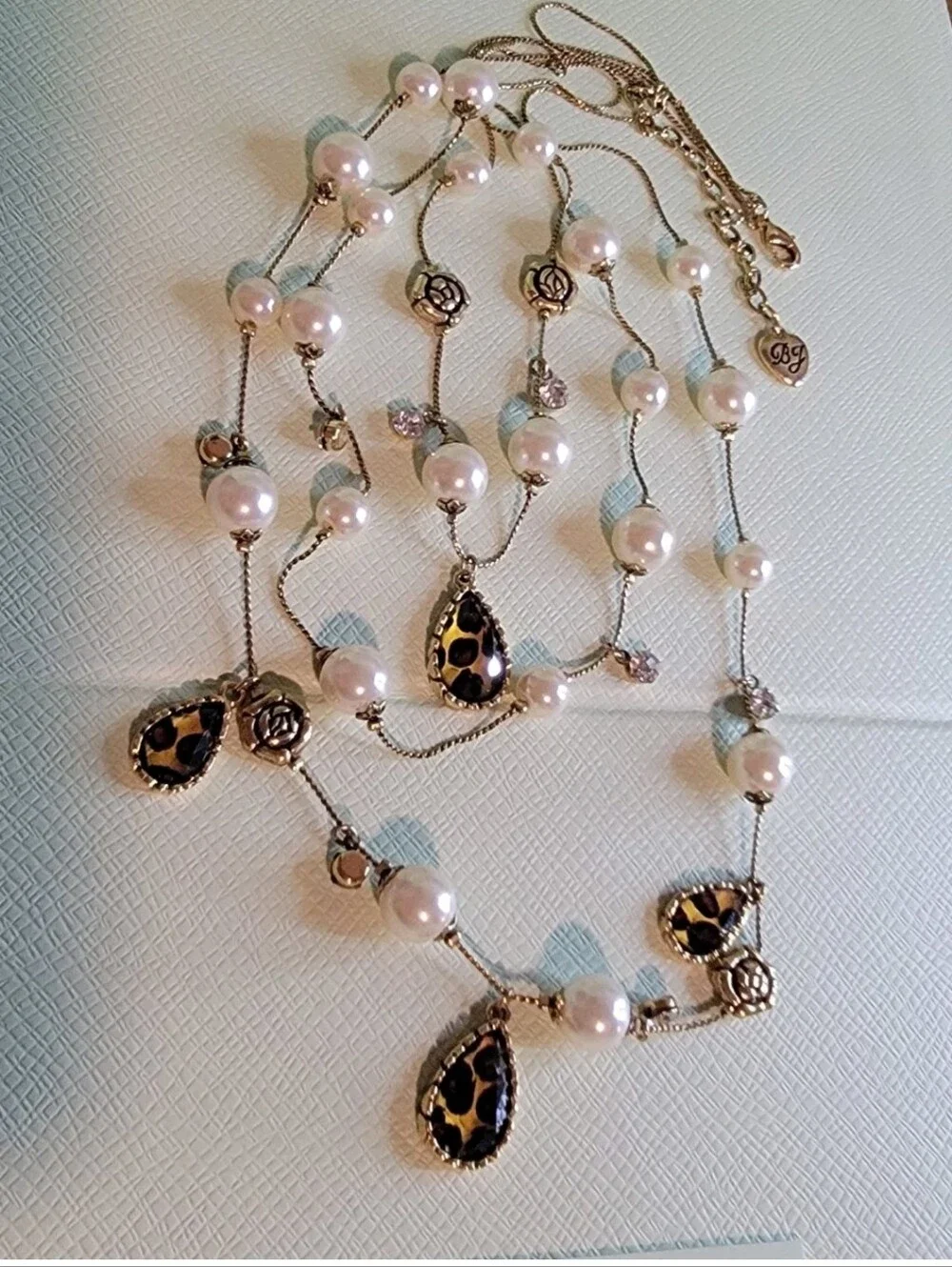 Betsey Johnson Pearl Jewel Rose Charm Multi Strand Necklace